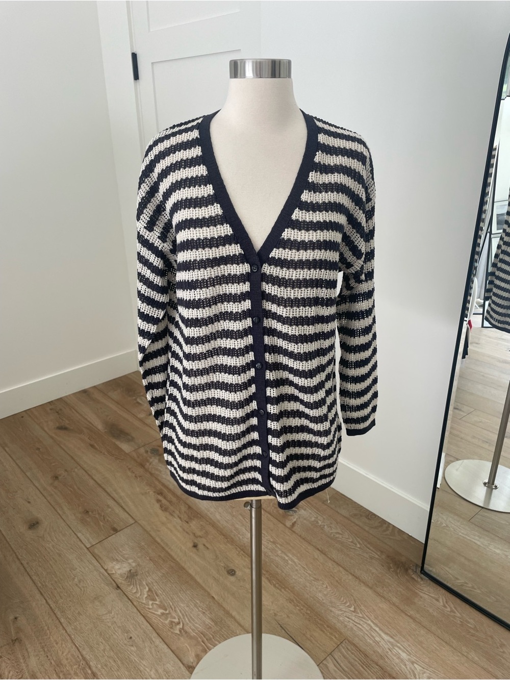Splendid Black & White Striped V-Neck Button Cardigan